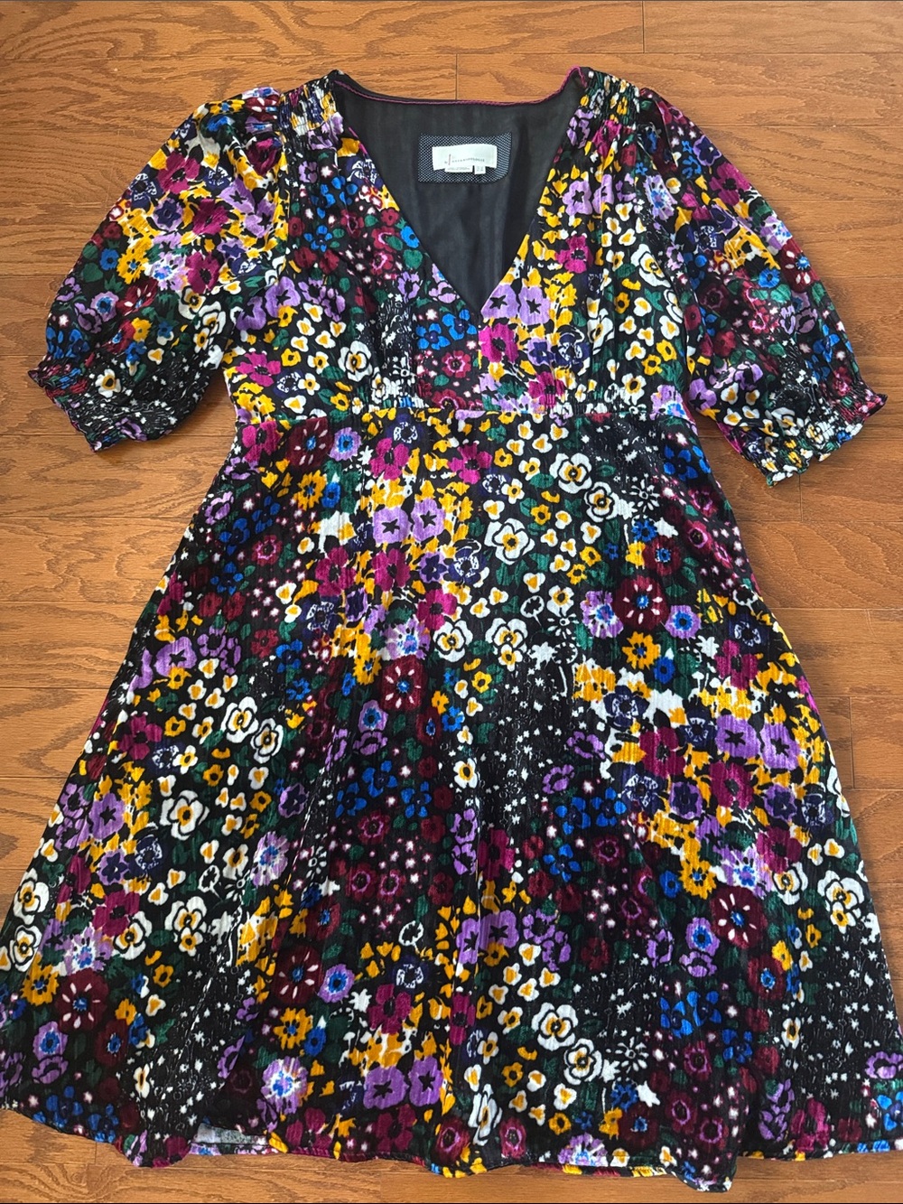 Anthropologie Francis floral velvet puff sleeve a-line dress - Picture 5 of 13